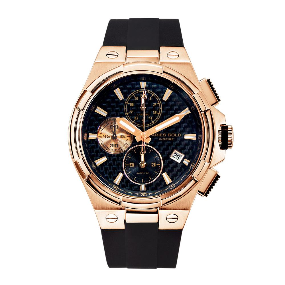 ARIES GOLD MONARCH ROSE GOLD STAINLESS STEEL G 7312 RG-BKRG HI-TECH BLACK SYNTHETIC STRAP MEN'S WATCH